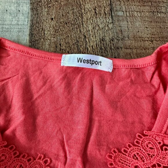 Westport Women's Size Medium Crochet Trim Flutter Sleeve Knit Top in Coral Pink - Picture 2 of 7